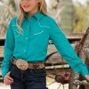 Cruel Denim Girl's Long Sleeve Teal Western Shirt