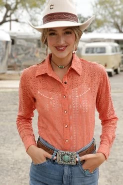 Cruel Denim Women's Orange Long Sleeve Lace Western Shirt