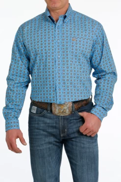 Cinch Men's Long Sleeve Blue Geometric Print Shirt