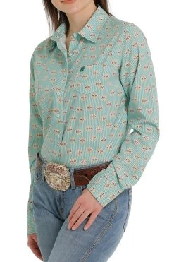 Cinch Women's Long Sleeve ArenaFlex Green Print Shirt -Cowboy Store MSW9163011 2