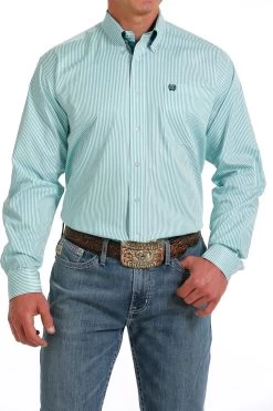 Cinch Men's White & Green Stripe Tencel Button Down Long Sleeve Shirt