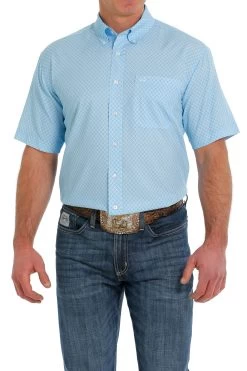 Cinch Men's Light Blue Diamond Print Short Sleeve ArenaFlex Shirt