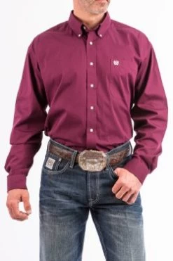 Cinch Men's Solid Burgundy Button-Down Long Sleeve Shirt