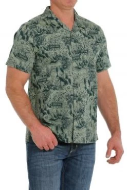 Cinch Men's Green Caution Cactus Short Sleeve Camp Shirt -Cowboy Store mtw1401026 3 1962 general